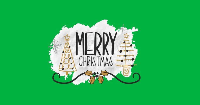 Merry christmas text and christmas tree icons over grey banner against black background
