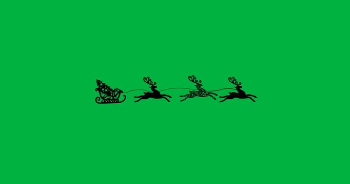 Black silhouette of chrismas tree in sleigh being pulled by reindeers against white background