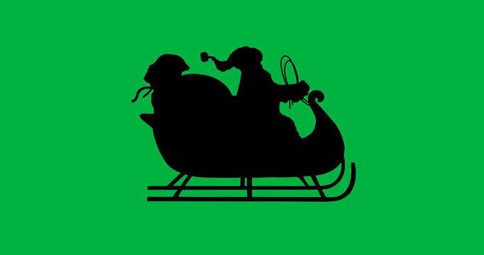 Digital animation of black silhouette of santa claus in sleigh against white background