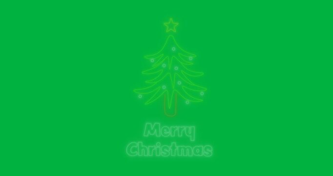 Digital animation of neon merry christmas text banner with christmas tree icon on black background