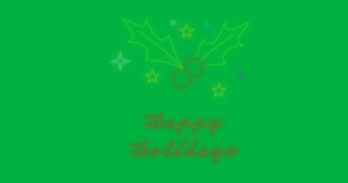 Digital animation of neon happy holidays text banner with mistletoe icons against black background