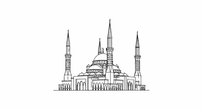 Sketch of a grand mosque with domes and minarets, rendered in black ink