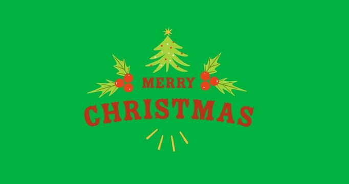 Merry christmas text banner with christmas tree and mistletoe icons against black background
