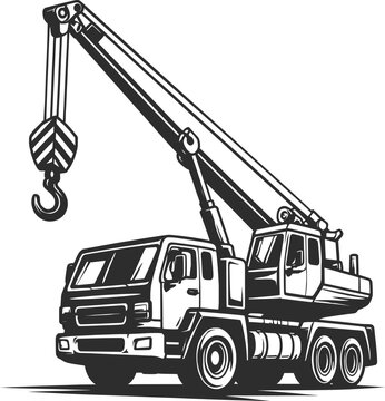 Heavy Duty Crane Truck with Hook Vintage Construction Line Art Illustration.