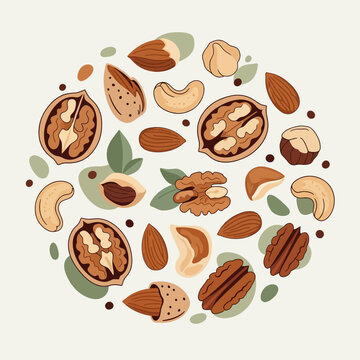 Nuts, seeds, and leaves illustration, assorted nuts collection, healthy snack vector, brown and green food icons isolated on White Background