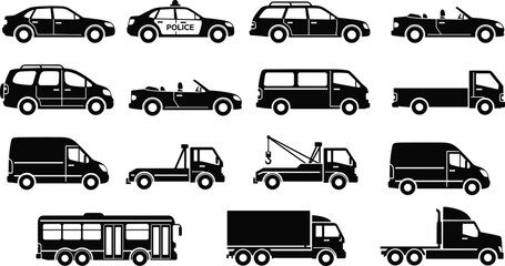 Vehicle silhouette icon illustration, police car artwork, SUV design, convertible graphic, pickup truck emblem, cargo van symbol, semi trailer © MdMonowar