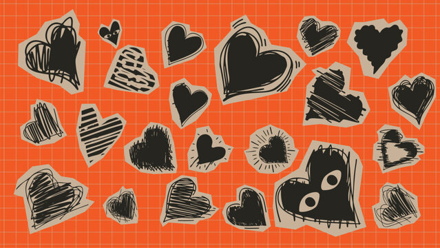 Hand Drawn Black Heart Stickers Collection - Sketchy Grunge Doodle Love Symbols on Orange Grid Background