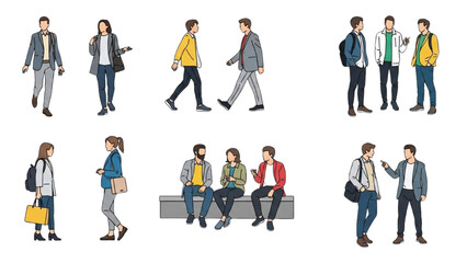 People walking and sitting in a vector 2D CAD illustration of city streets © Stock Image Paradise