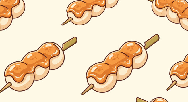 Repeating pattern of sweet dango on sticks, drizzled with a glossy sauce