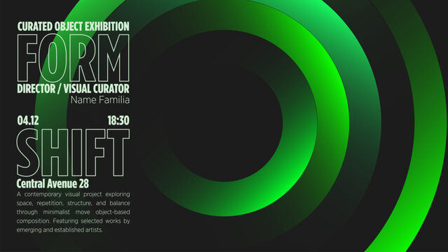 Green circle exhibition poster background template with concentric rings and minimal gallery event style
