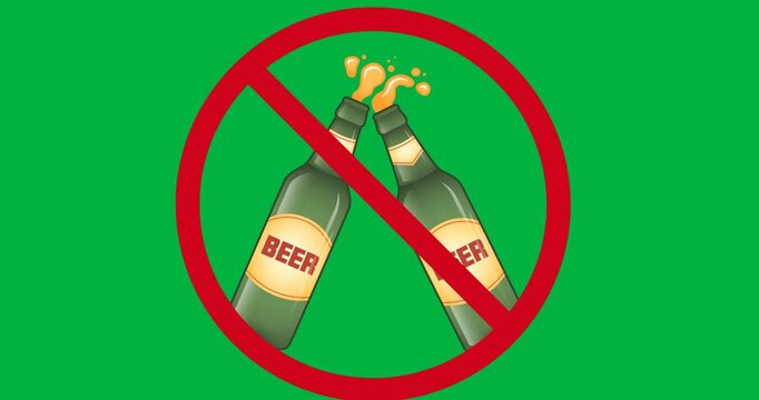 Digital animation of red stop sign over beer bottles against black background