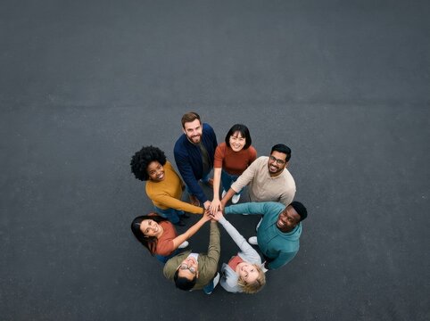 Eight diverse individuals form a circle, joining hands in unity against a grey background.