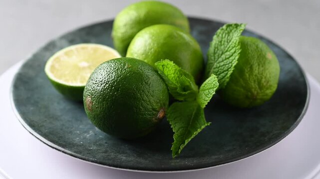 Rotating fresh limes on black plate. Close up