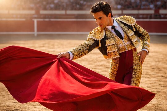 Matador performing bullfight with red cape in traditional Spanish arena