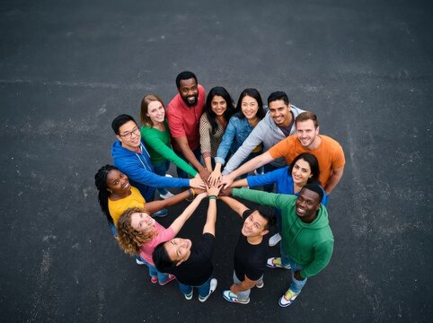 High angle view of diverse group with hands joined in unity on asphalt background.