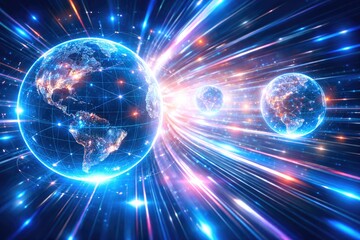Fototapeta premium Futuristic digital earth with glowing connections and data streams in global network concept