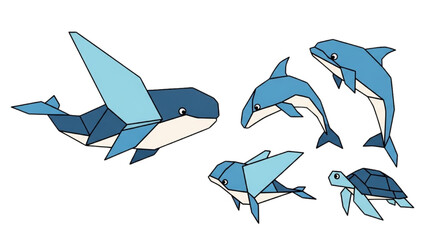 Vector 2D CAD illustration of dolphins and sea turtle in ocean © Stock Image Paradise
