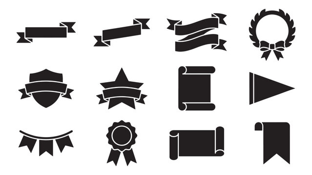 Ribbon Banner Award Scroll and Medal Silhouette Set for Achievement Recognition and Promotional Design Templates