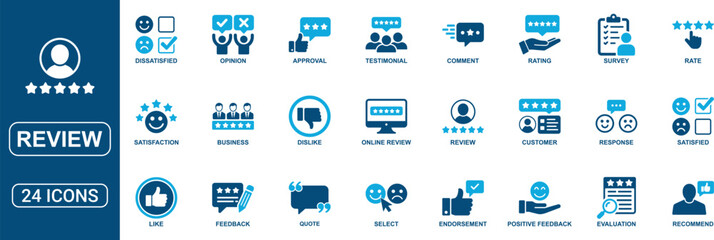 Naklejka premium Customer Review and Feedback Solid Icon Set Featuring Rating Testimonial Satisfaction Comment Opinion Like Recommendation Survey Approval and Evaluation Vector Icons Collection