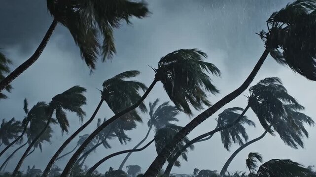 Palm trees in strong wind and rain for environmental projects, nature documentaries, and commercials