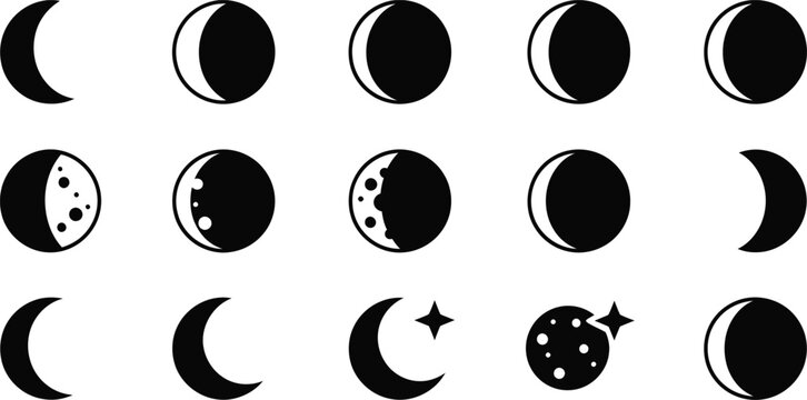 Collection of moon phases icons different stages of illumination full moon black and whit