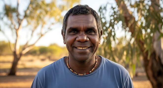 Portrait of a Smiling Aboriginal Man in the Australian Outback.