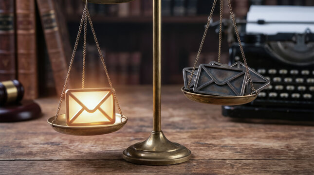 Email marketing balance business internet strategy, glowing envelope concept justice scale, digital communication symbol wooden desk library