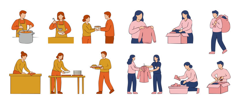 Charity volunteers giving food and clothing donations set, people donating items to help poor community, flat vector illustration collection for humanitarian aid, social welfare and support concept.