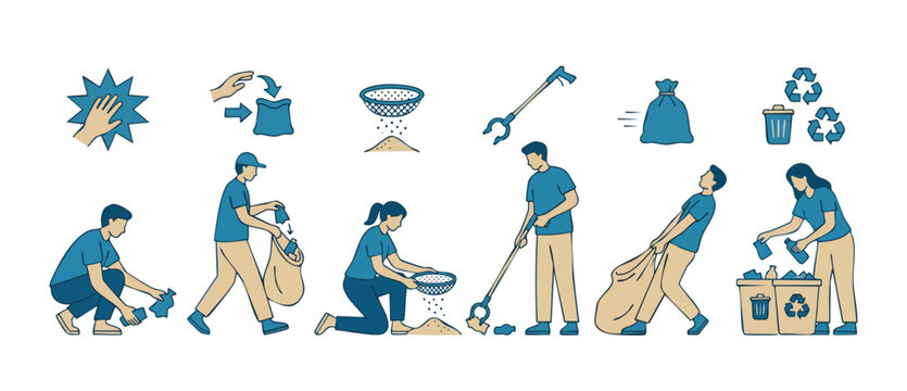 People Collecting Trash Icons Set, Volunteers Cleaning Environment, Waste Sorting and Plastic Recycling Actions, Community Ecology Concept for Sustainability Infographics, Flat Vector Illustration Sty