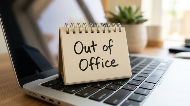 Out of office message on a small notepad sitting on a laptop keyboard.