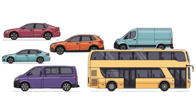 Various vehicles including cars and a bus in vector 2D CAD illustrations