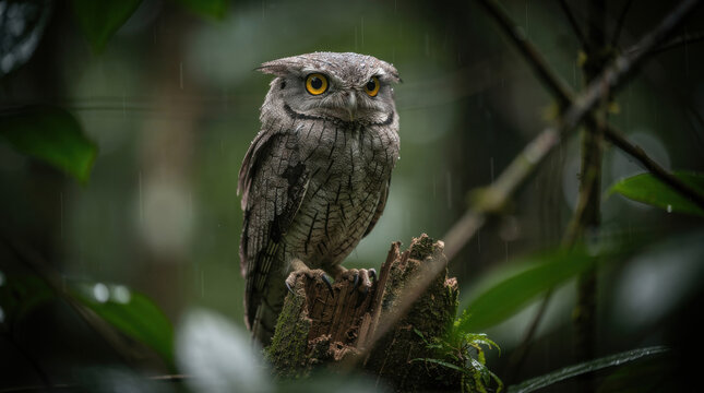Great Potoo Bird Low Angle Rainforest Camouflage Wildlife Telephoto Shot Natural Frame Copy Space