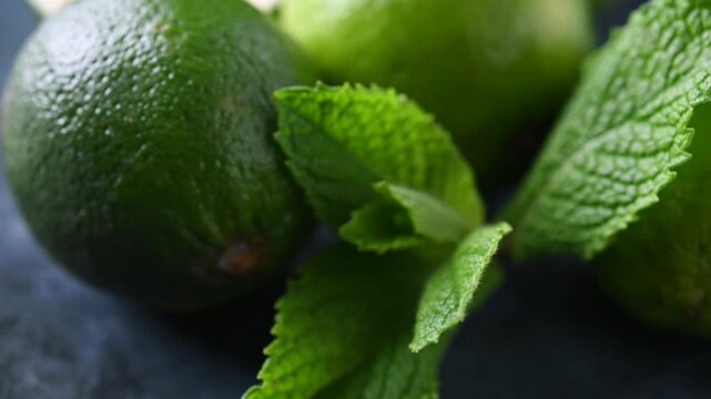 Rotating fresh limes on black plate. Close up