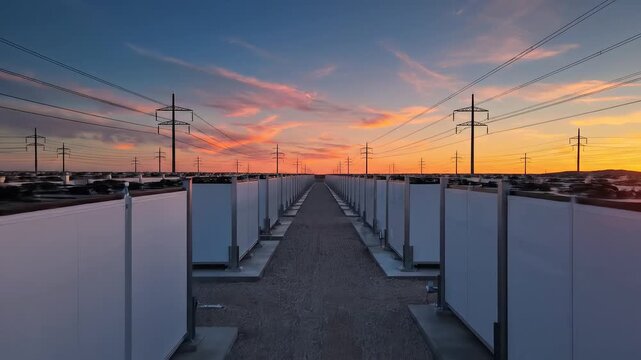 Rows of industrial battery storage units at sunset for tech concepts, digital marketing, and scientific projects