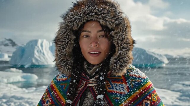 Indigenous woman in colorful patterned poncho stands against icy landscape, snowflakes falling, with icebergs visible in the background