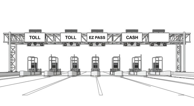 Sketch of a highway toll plaza with ez pass and cash lanes
