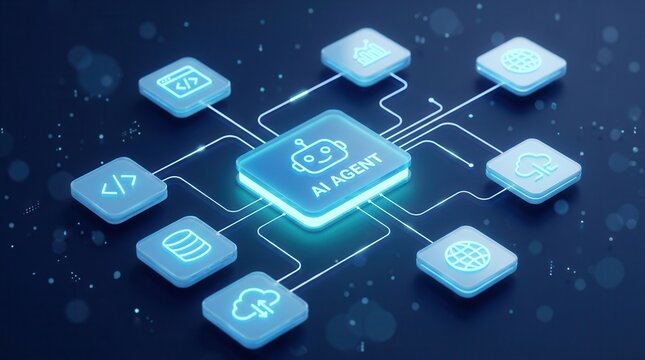 AI automation workflow featuring an intelligent agent connecting data, code, and digital tools.