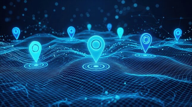Global logistics and navigation tracking on a digital map with blue location pins.