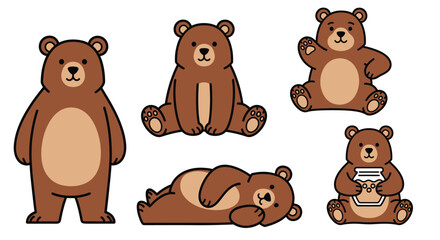 Fototapeta premium Cute Brown Bear Character Set in Various Poses Sitting Standing Waving and Holding Honey Jar Vector Illustration Bundle