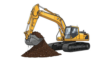 Illustration of a yellow excavator digging into a pile of dirt © Baby Collection