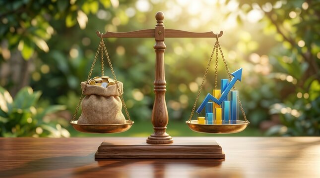 Wooden financial scales balancing a money bag with a rising growth chart for investment stability.