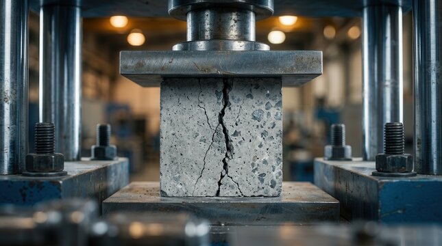 A concrete cube being tested for strength in a compression machine with a visible crack.