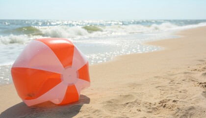 Obraz premium An orange and white striped inflatable beach ball resting on a sandy beach with ocean waves in the background on a sunny day.