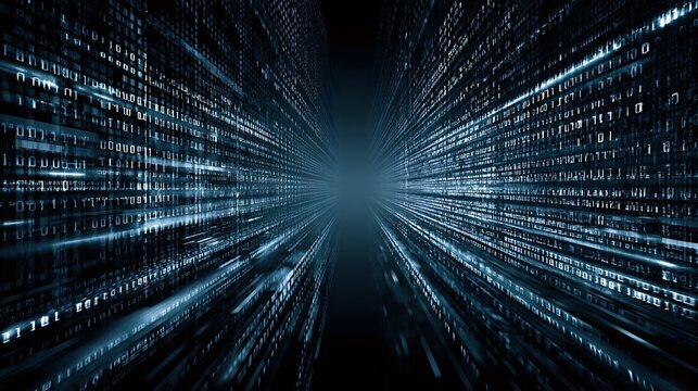 Dark tunnel illuminated by many lights creating a stunning visual of flowing binary code streams