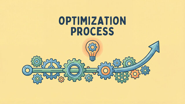 Optimization process illustration with interconnected gear mechanism and innovation lightbulb representing systematic business improvement efficiency advancement and upward performance growth