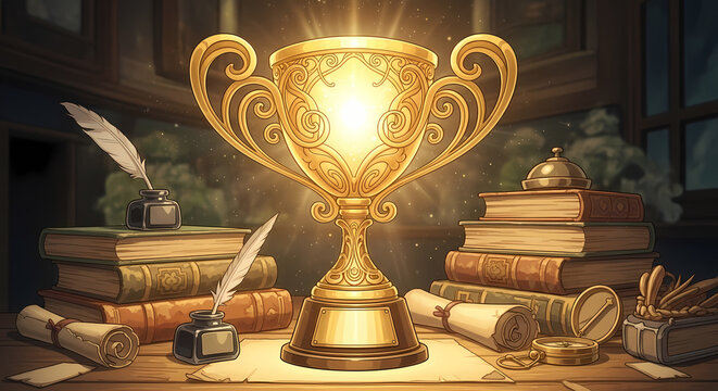 A golden trophy sitting on a desk surrounded by stacks of books and writing instruments