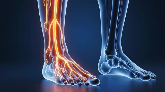 Human foot anatomy with glowing nerves for commercial backgrounds, digital design, and advertising