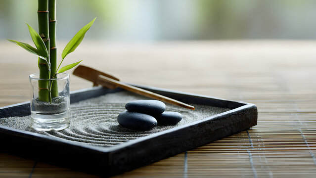 Mini Zen Garden with Bamboo and Black Stones on Sand