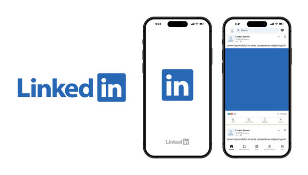 LinkedIn social media app template. iPhone with LinkedIn mockup, LinkedIn template screen frame with shadow on dark and light color mode, User Interface mockup template. Smartphone. Vector