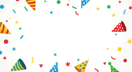 Obraz premium Vibrant Party Hats and Confetti Frame on White Background.